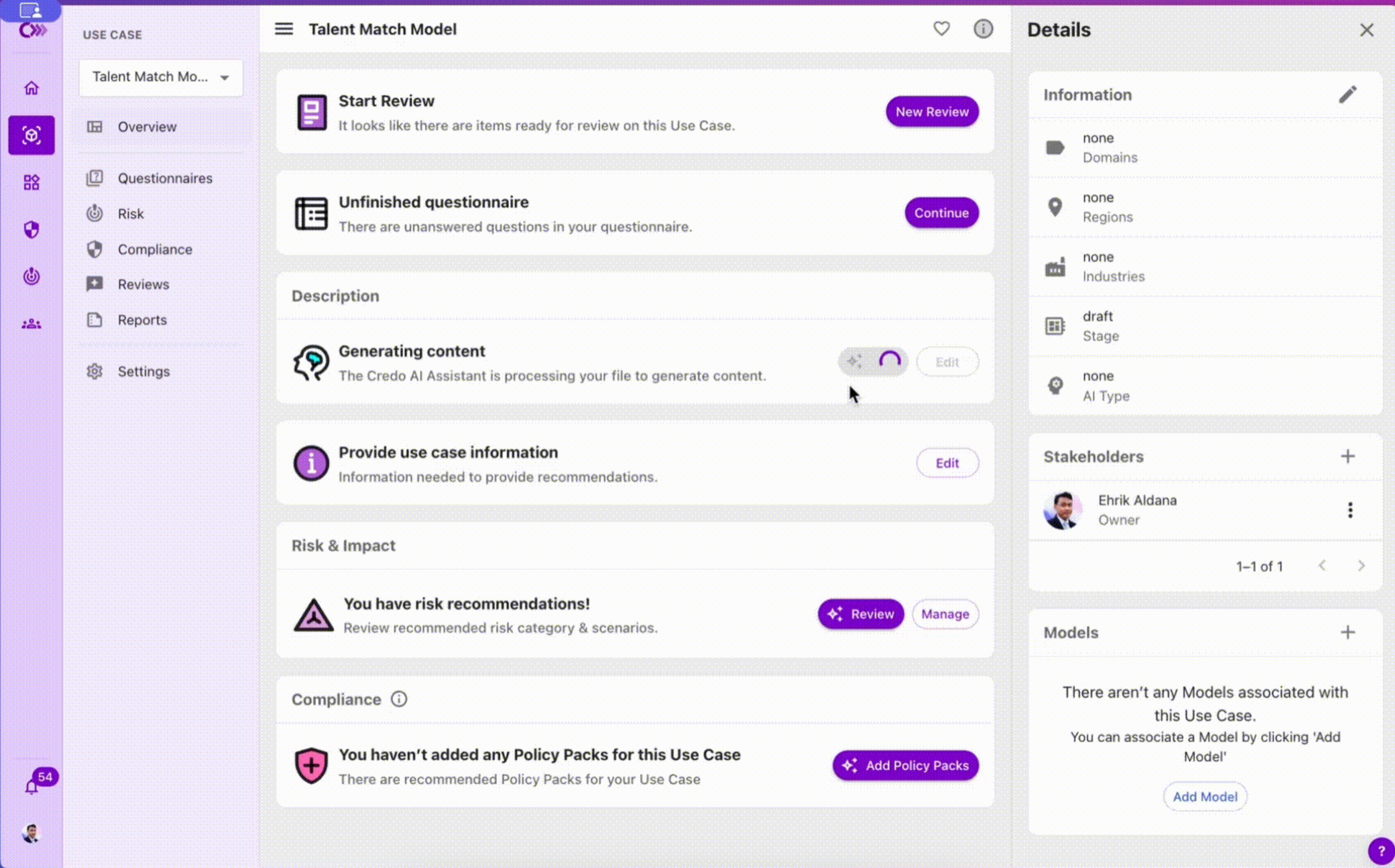 Credo AI's interface for automated compliance evidence collection