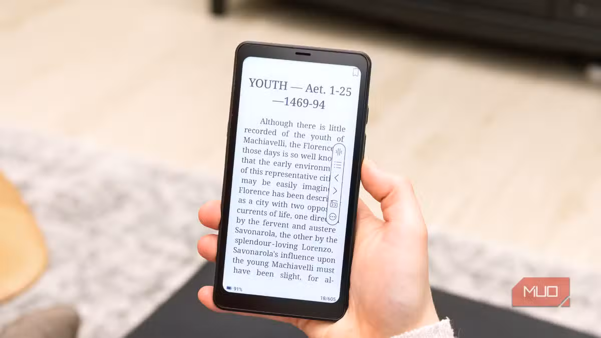 A Boox e-reader displaying an ebook from a library app