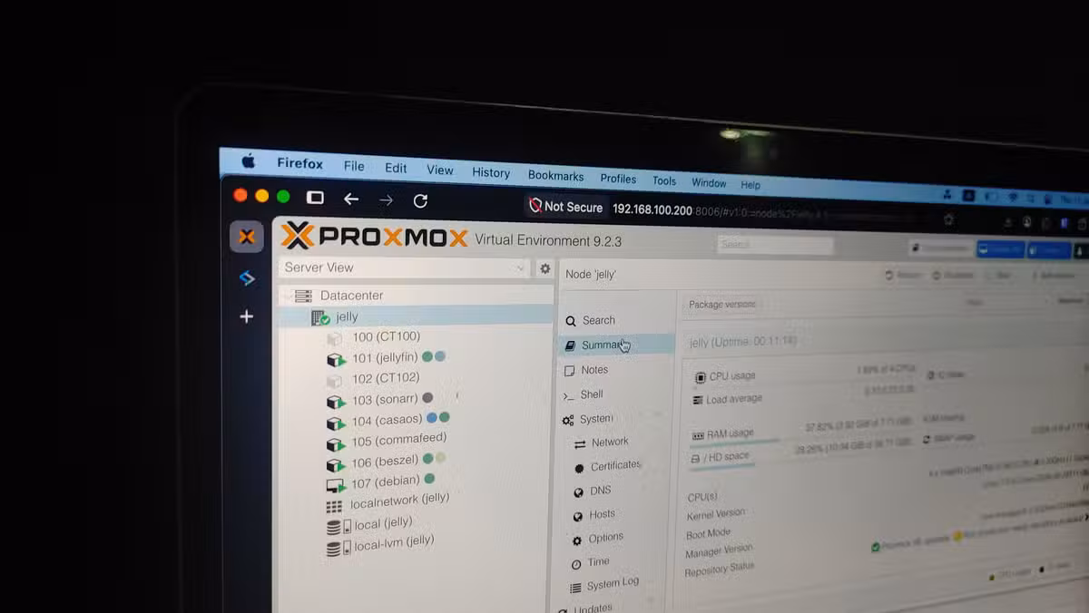 The Proxmox web interface accessible from any browser on your network