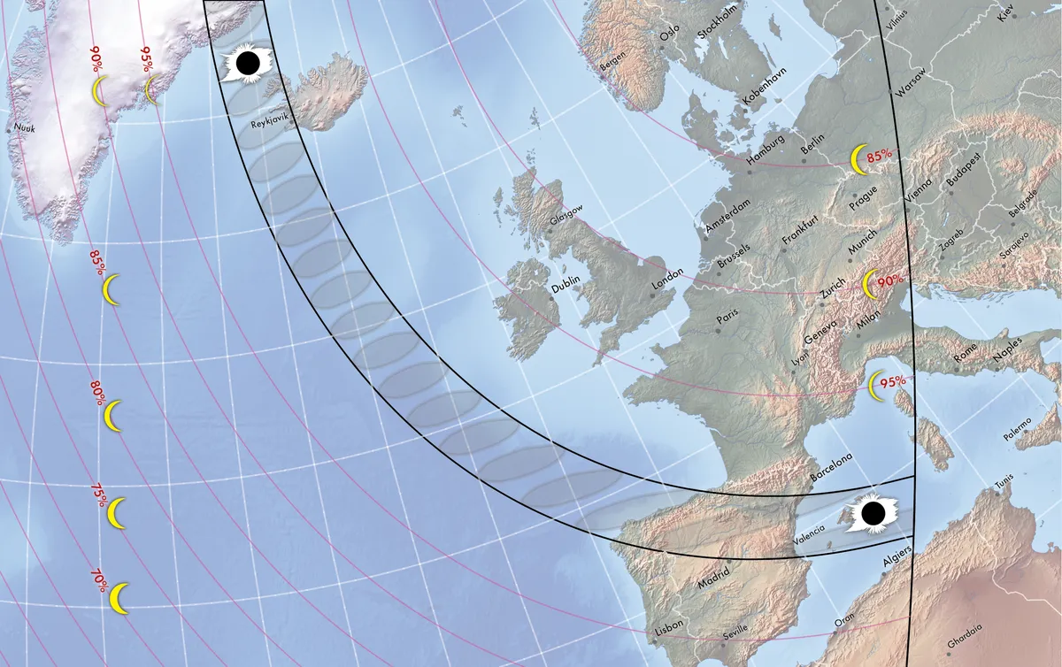 The black line shows where the sun will set at maximum eclipse coverage on August 12, 2026.