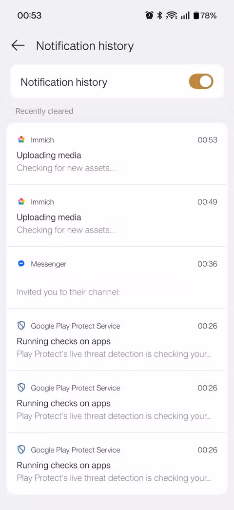 The notification history setting in Android stores dismissed alerts for 24 hours
