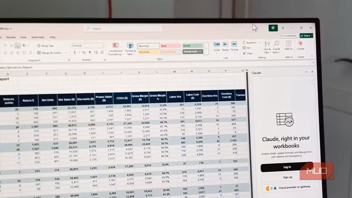 Claude add-in running in Excel's sidebar on a desktop monitor
