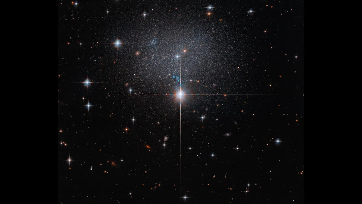 Hubble's view of ESO 490-017, showing the diffuse dwarf galaxy amid foreground stars with distinctive diffraction spikes