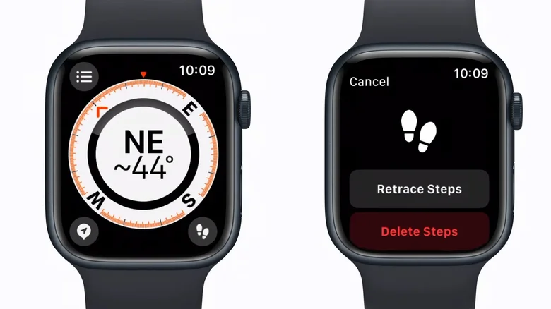 Two Apple Watches, showing the Compass app (l) and 