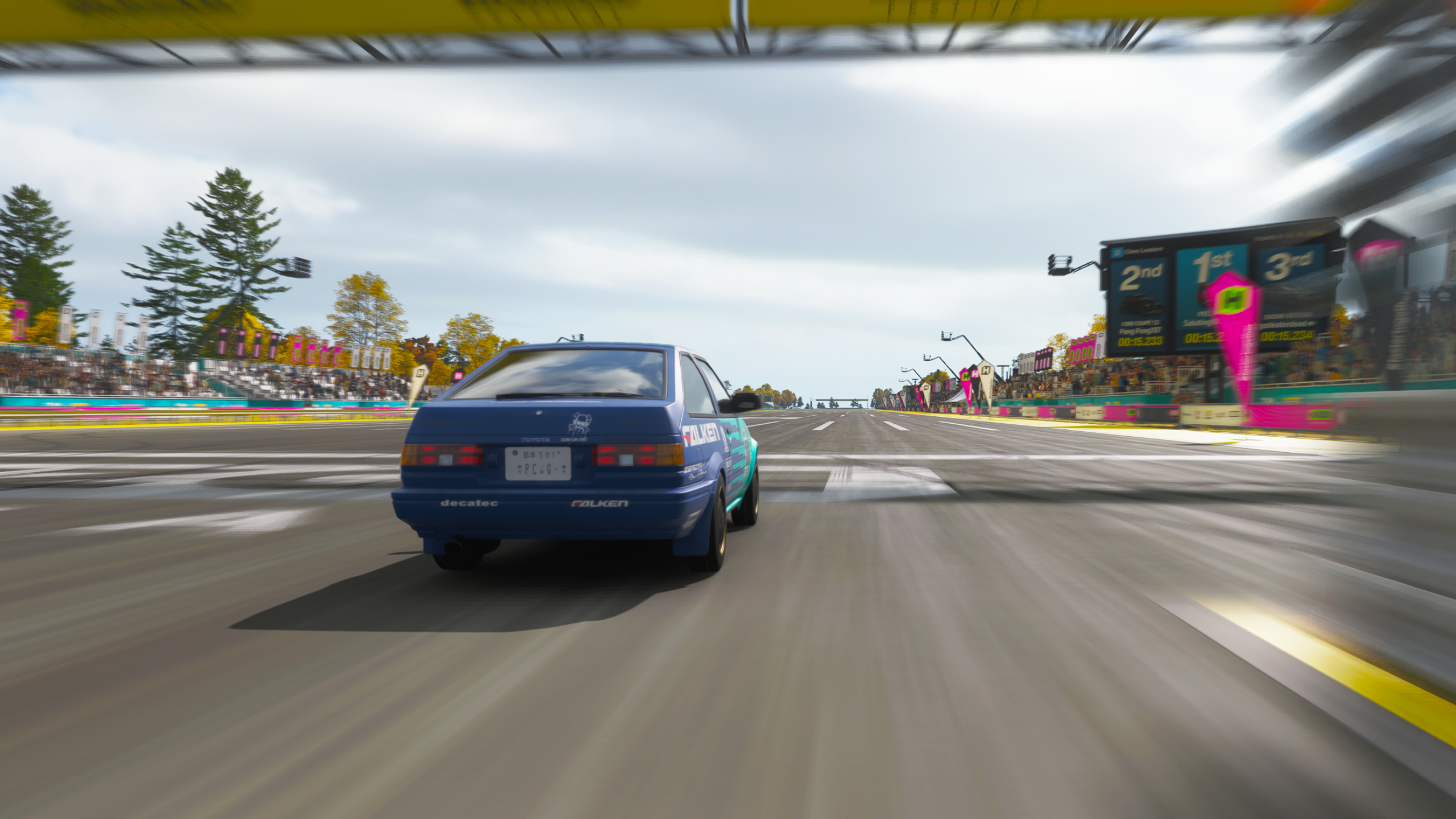 Forza Horizon 6 best drag cars: A rear-end shot of the 1985 Toyota Sprinter Trueno driving down the Festival drag strip.