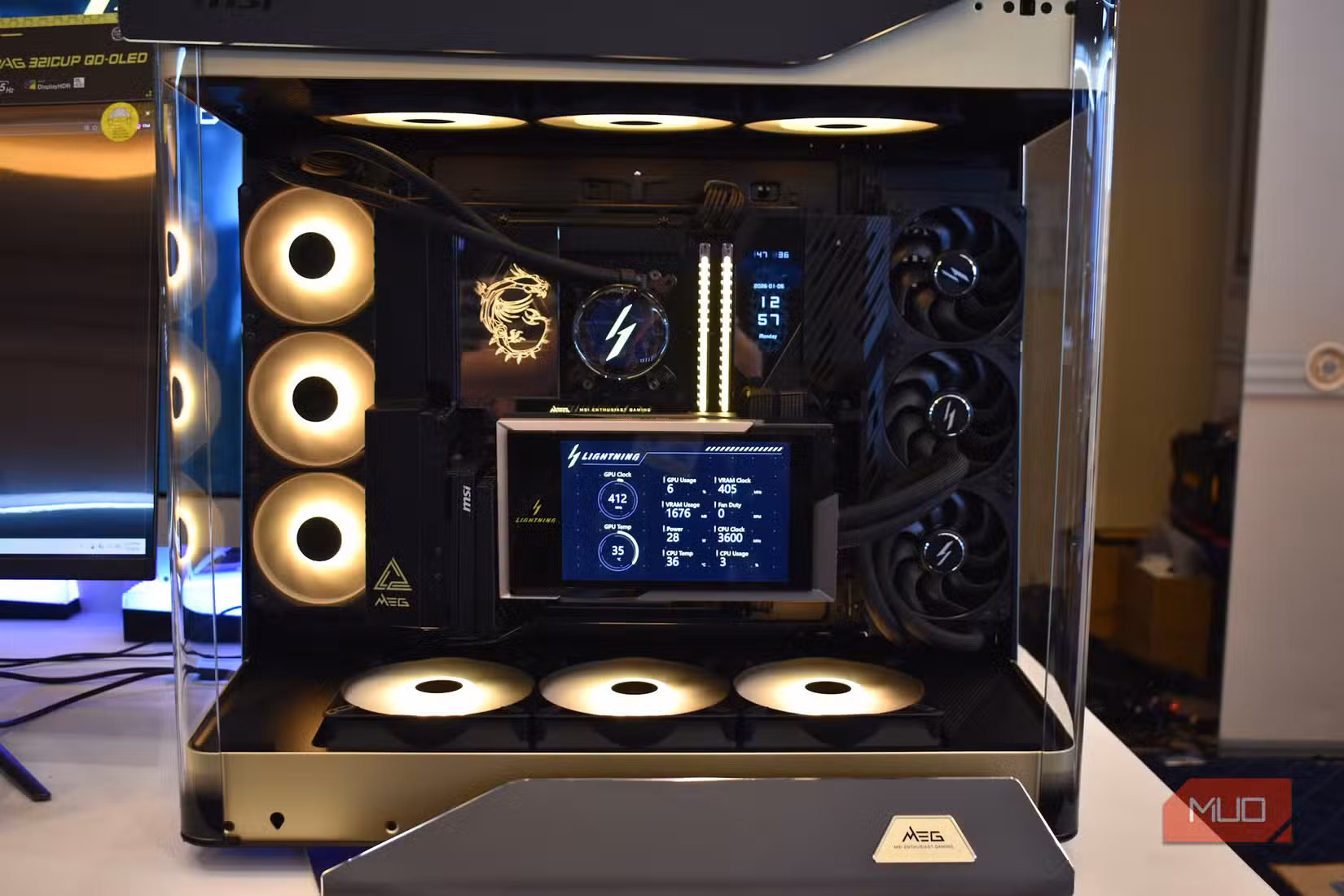 msi lighning 5090 gpu front view in case.
