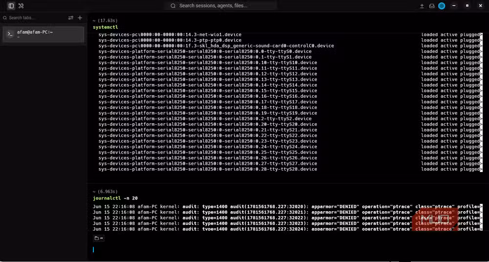 مقارنة بين مخرجات الطرفية التقليدية ونظام الكتل في Warp مع أمر systemctl